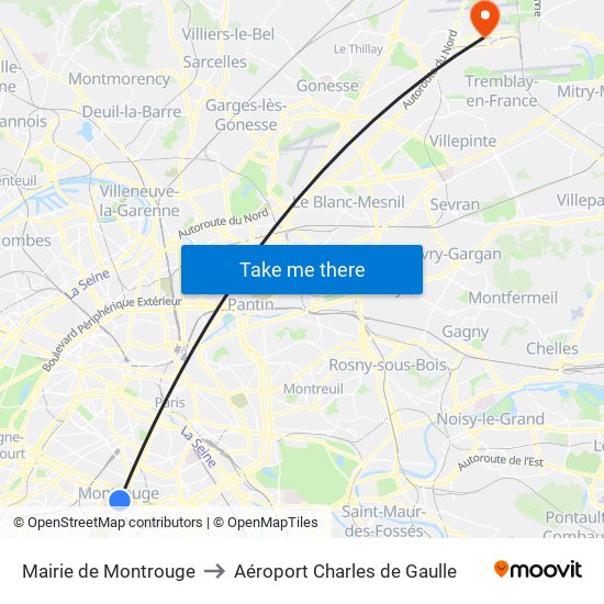 Mairie de Montrouge to Aéroport Charles de Gaulle map
