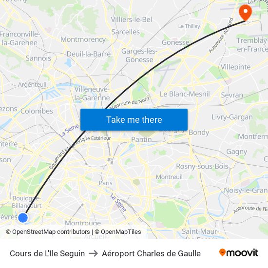 Cours de L'Ile Seguin to Aéroport Charles de Gaulle map