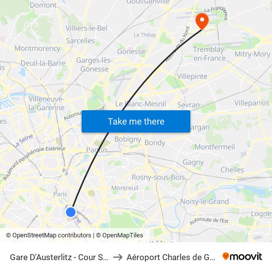 Gare D'Austerlitz - Cour Seine to Aéroport Charles de Gaulle map