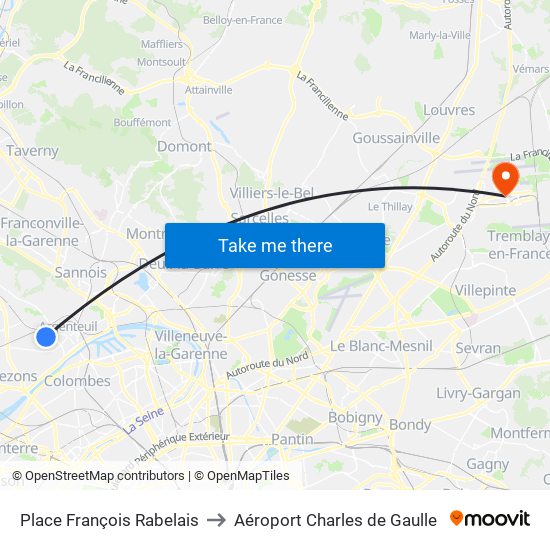 Place François Rabelais to Aéroport Charles de Gaulle map