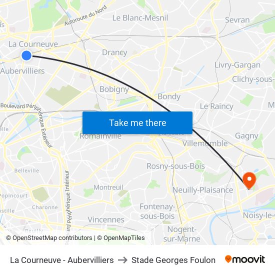 La Courneuve - Aubervilliers to Stade Georges Foulon map
