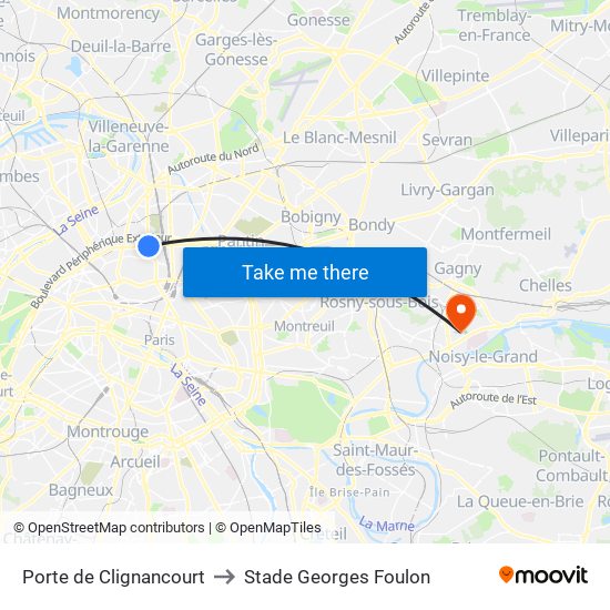 Porte de Clignancourt to Stade Georges Foulon map