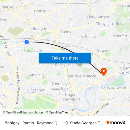 Bobigny - Pantin - Raymond Queneau to Stade Georges Foulon map