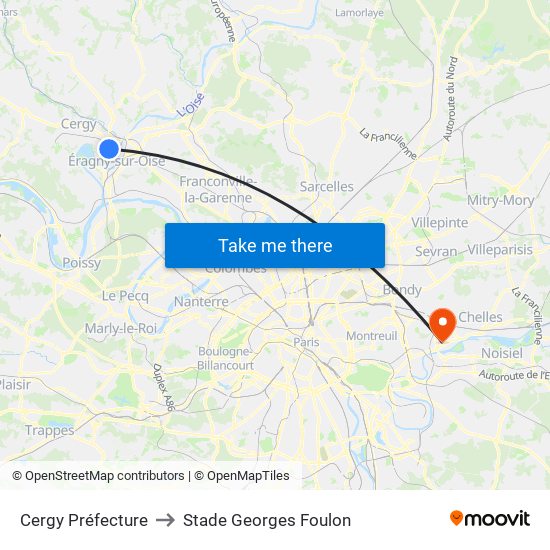 Cergy Préfecture to Stade Georges Foulon map