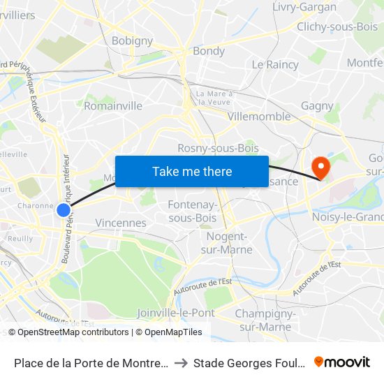 Place de la Porte de Montreuil to Stade Georges Foulon map