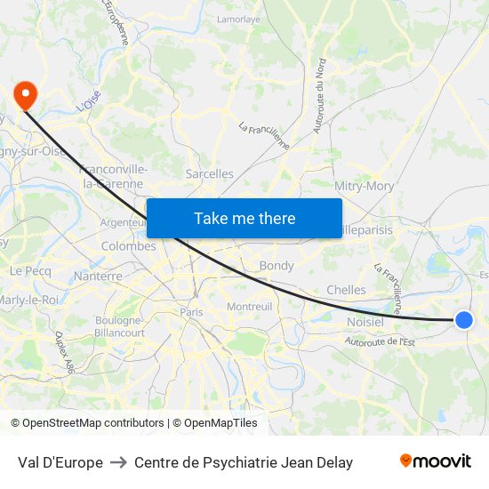Val D'Europe to Centre de Psychiatrie Jean Delay map