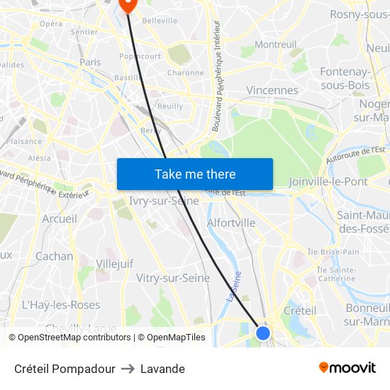 Créteil Pompadour to Lavande map