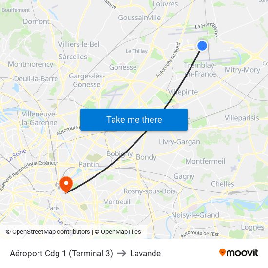 Aéroport Cdg 1 (Terminal 3) to Lavande map