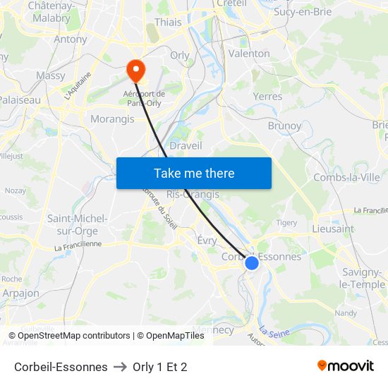 Corbeil-Essonnes to Orly 1 Et 2 map