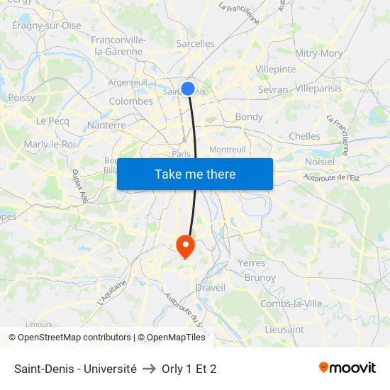Saint-Denis - Université to Orly 1 Et 2 map