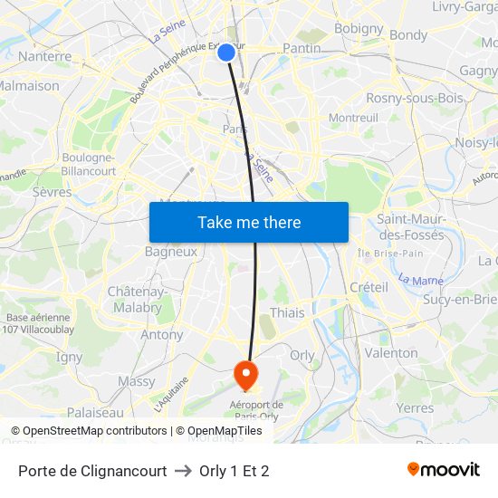 Porte de Clignancourt to Orly 1 Et 2 map