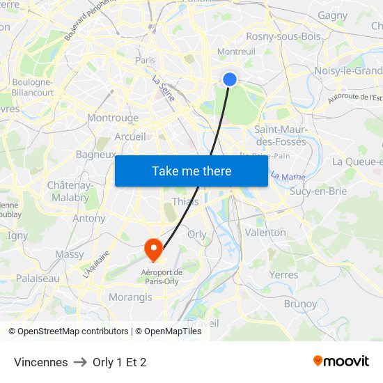 Vincennes to Orly 1 Et 2 map