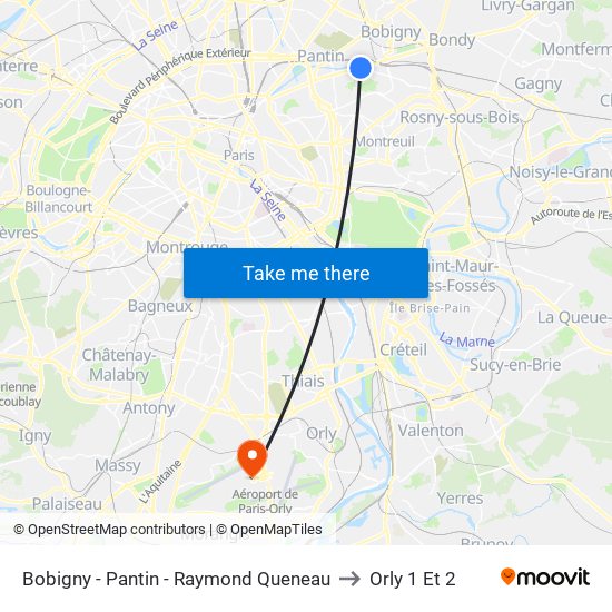 Bobigny - Pantin - Raymond Queneau to Orly 1 Et 2 map