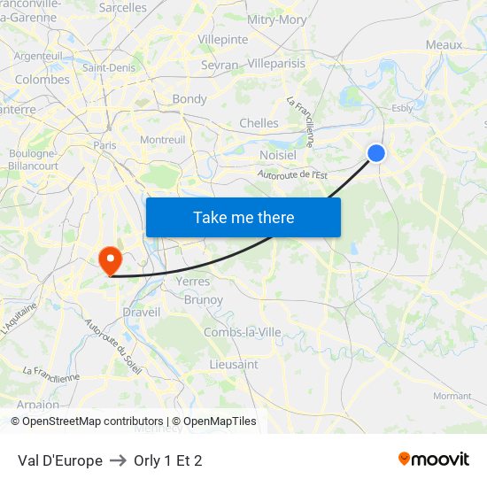 Val D'Europe to Orly 1 Et 2 map