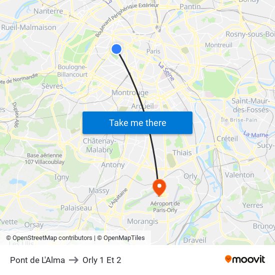 Pont de L'Alma to Orly 1 Et 2 map