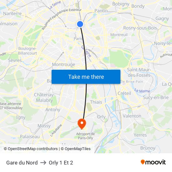 Gare du Nord to Orly 1 Et 2 map