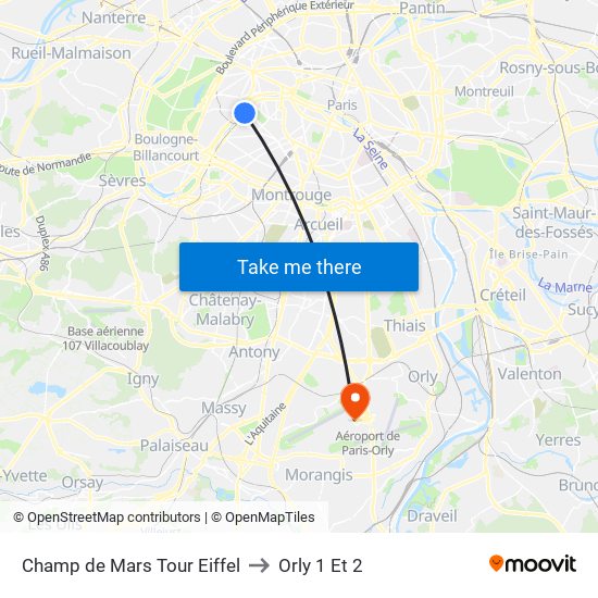 Champ de Mars Tour Eiffel to Orly 1 Et 2 map