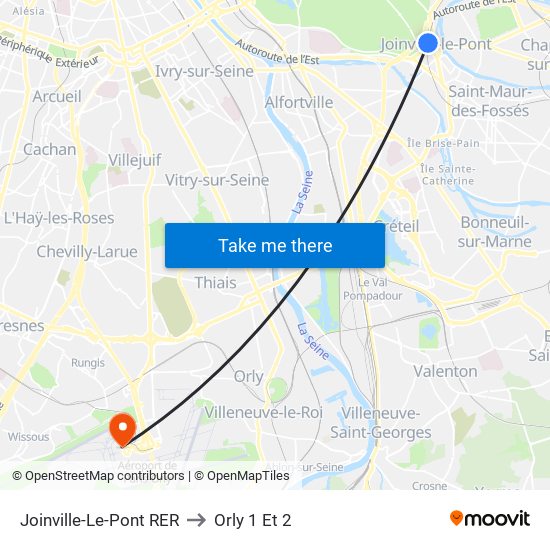 Joinville-Le-Pont RER to Orly 1 Et 2 map
