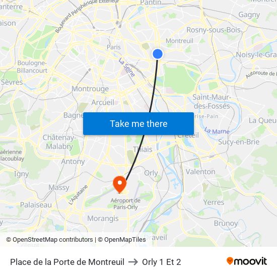 Place de la Porte de Montreuil to Orly 1 Et 2 map
