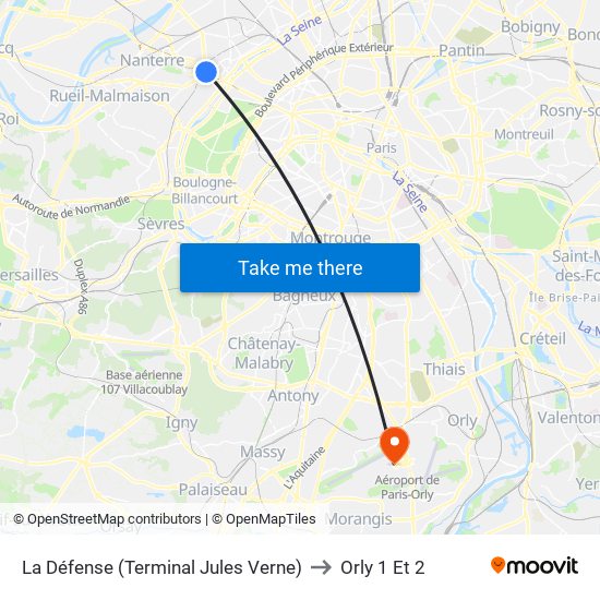 La Défense (Terminal Jules Verne) to Orly 1 Et 2 map