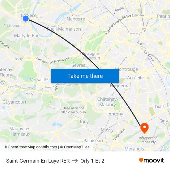 Saint-Germain-En-Laye RER to Orly 1 Et 2 map