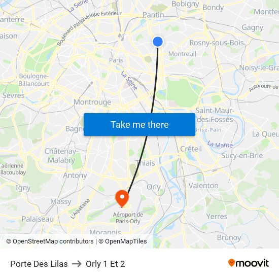 Porte Des Lilas to Orly 1 Et 2 map