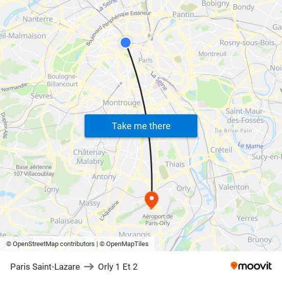 Paris Saint-Lazare to Orly 1 Et 2 map