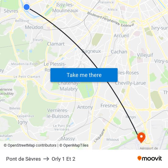 Pont de Sèvres to Orly 1 Et 2 map