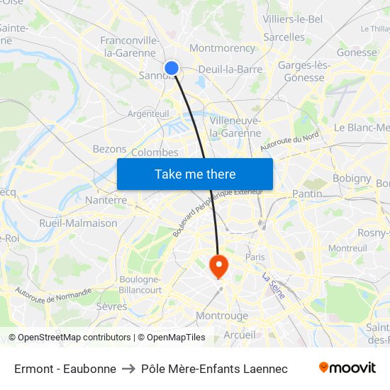 Ermont - Eaubonne to Pôle Mère-Enfants Laennec map