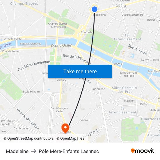 Madeleine to Pôle Mère-Enfants Laennec map