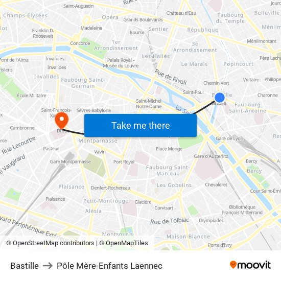 Bastille to Pôle Mère-Enfants Laennec map