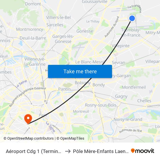 Aéroport Cdg 1 (Terminal 3) to Pôle Mère-Enfants Laennec map