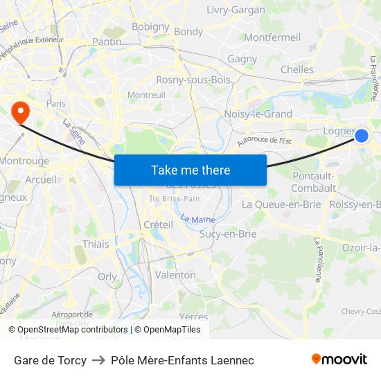 Gare de Torcy to Pôle Mère-Enfants Laennec map