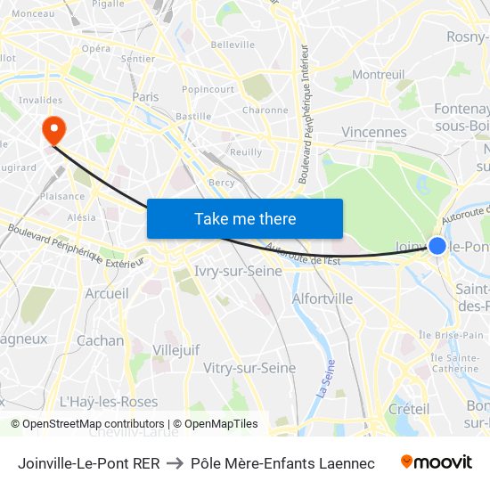 Joinville-Le-Pont RER to Pôle Mère-Enfants Laennec map