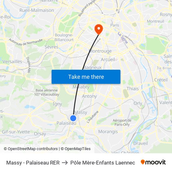 Massy - Palaiseau RER to Pôle Mère-Enfants Laennec map