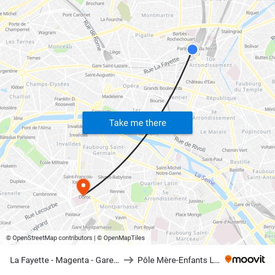 La Fayette - Magenta - Gare du Nord to Pôle Mère-Enfants Laennec map
