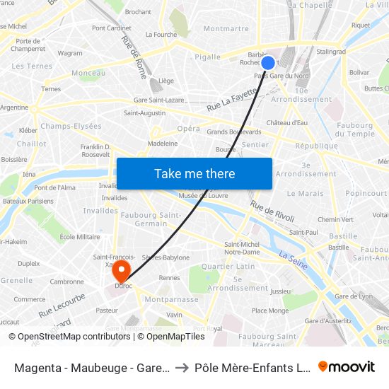 Magenta - Maubeuge - Gare du Nord to Pôle Mère-Enfants Laennec map