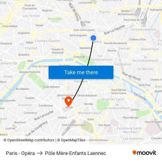 Paris - Opéra to Pôle Mère-Enfants Laennec map