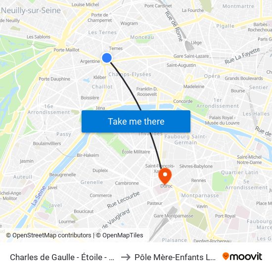 Charles de Gaulle - Étoile - Wagram to Pôle Mère-Enfants Laennec map