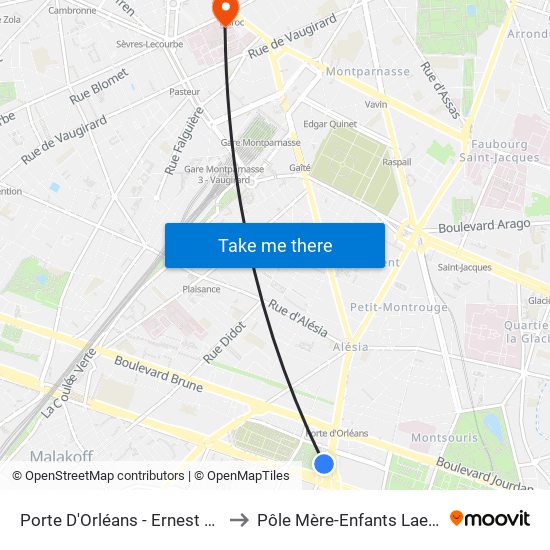 Porte D'Orléans - Ernest Reyer to Pôle Mère-Enfants Laennec map