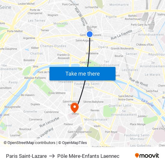 Paris Saint-Lazare to Pôle Mère-Enfants Laennec map