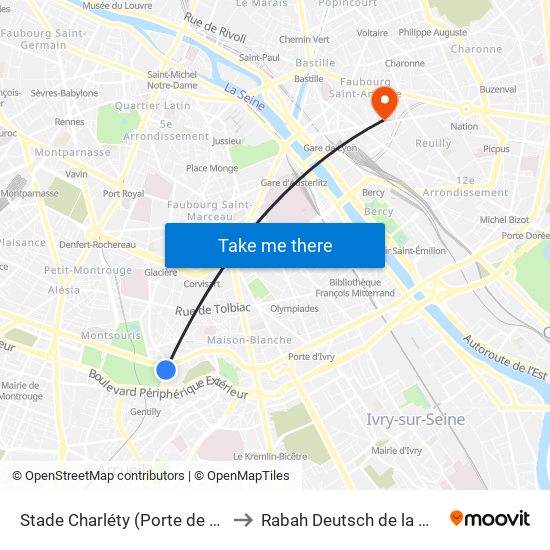 Stade Charléty (Porte de Gentilly) to Rabah Deutsch de la Meurthe map