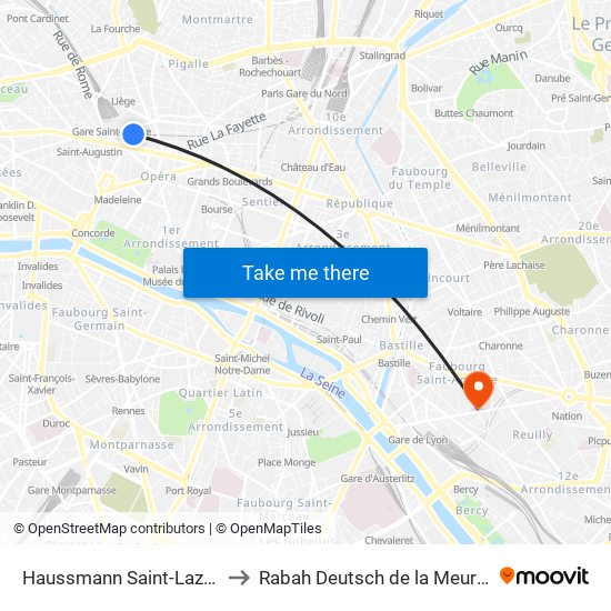 Haussmann Saint-Lazare to Rabah Deutsch de la Meurthe map