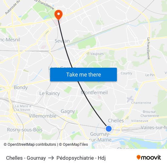 Chelles - Gournay to Pédopsychiatrie - Hdj map
