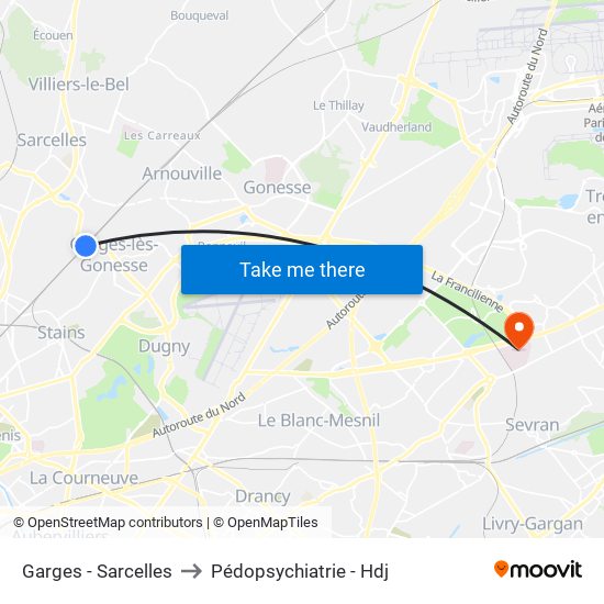 Garges - Sarcelles to Pédopsychiatrie - Hdj map