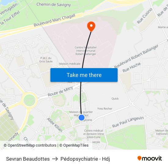 Sevran Beaudottes to Pédopsychiatrie - Hdj map