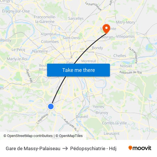 Gare de Massy-Palaiseau to Pédopsychiatrie - Hdj map