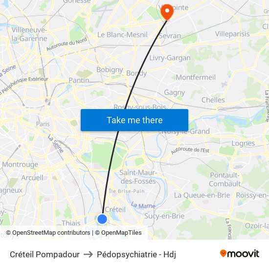 Créteil Pompadour to Pédopsychiatrie - Hdj map