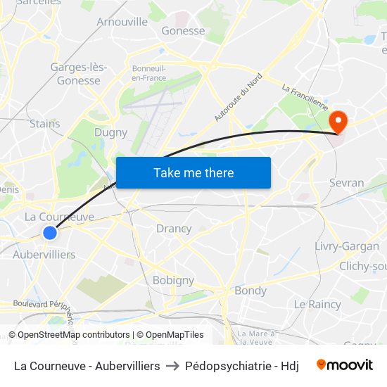 La Courneuve - Aubervilliers to Pédopsychiatrie - Hdj map