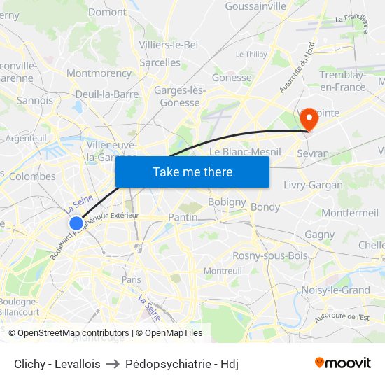 Clichy - Levallois to Pédopsychiatrie - Hdj map